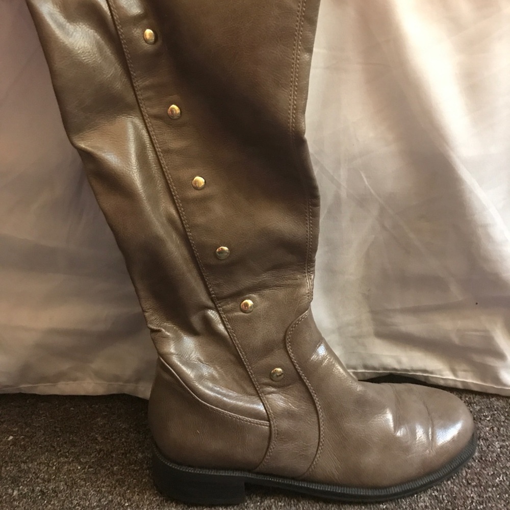 Light brown boots w/ gold studs up the outer side